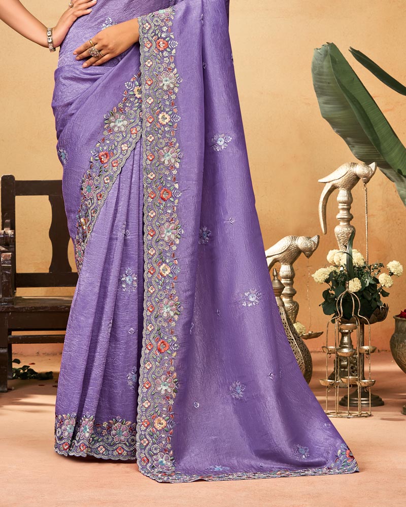 Pastel Purple Designer Gold Crush Saree With Embroidery-Diamond Work And Cut Work Border