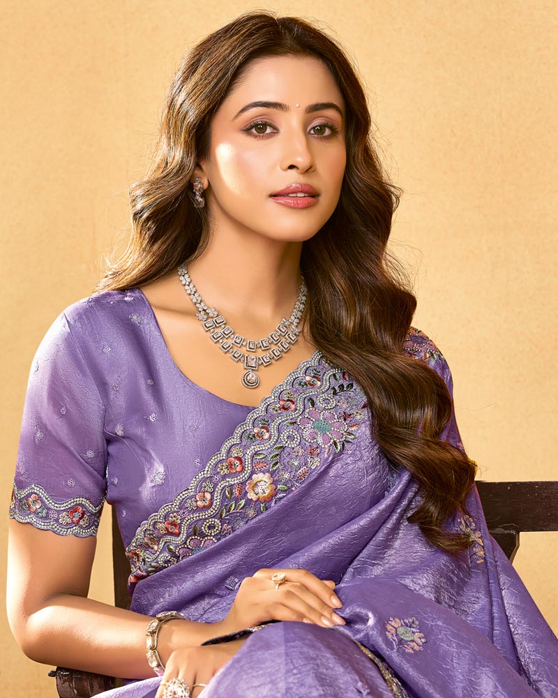 Pastel Purple Designer Gold Crush Saree With Embroidery-Diamond Work And Cut Work Border