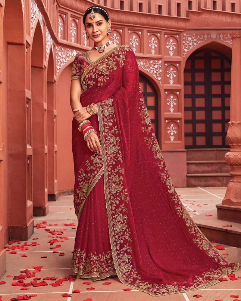 Vishal Prints Old Brick Red Designer Fancy Chiffon Saree With Zari-Embroidery Work And Cut Work Border