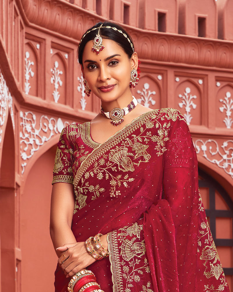 Vishal Prints Old Brick Red Designer Fancy Chiffon Saree With Zari-Embroidery Work And Cut Work Border