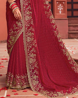 Vishal Prints Old Brick Red Designer Fancy Chiffon Saree With Zari-Embroidery Work And Cut Work Border