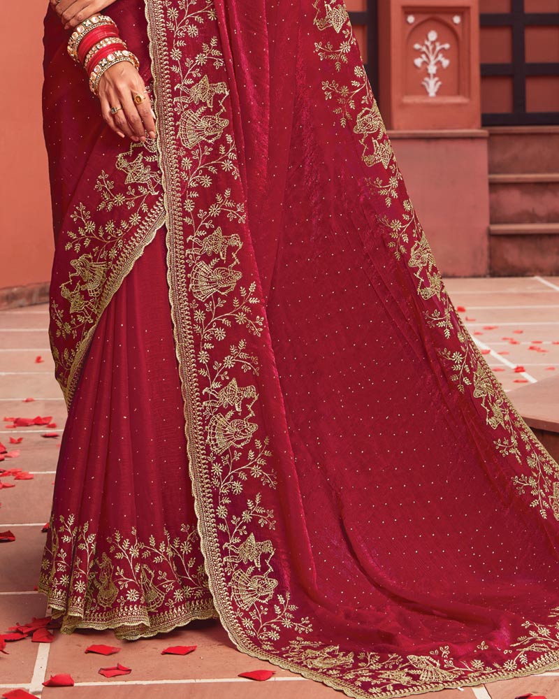 Vishal Prints Old Brick Red Designer Fancy Chiffon Saree With Zari-Embroidery Work And Cut Work Border