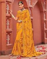 Vishal Prints Yellowish Orange Designer Fancy Chiffon Saree With Zari-Embroidery Work And Cut Work Border