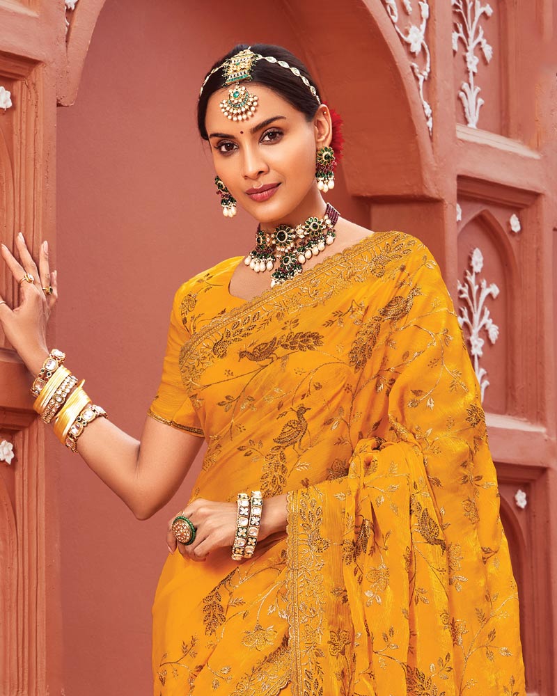 Vishal Prints Yellowish Orange Designer Fancy Chiffon Saree With Zari-Embroidery Work And Cut Work Border