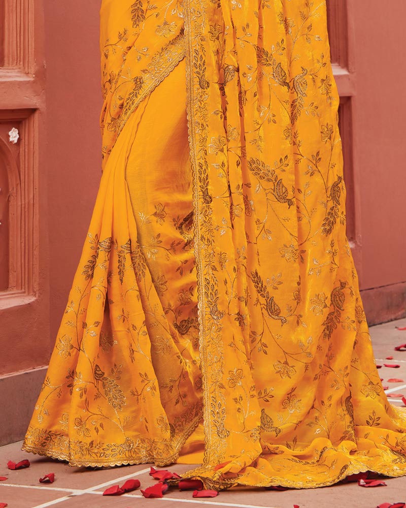 Vishal Prints Yellowish Orange Designer Fancy Chiffon Saree With Zari-Embroidery Work And Cut Work Border