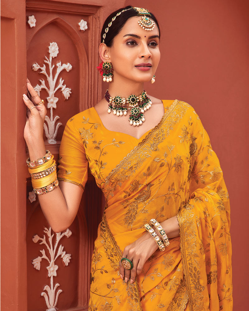 Vishal Prints Yellowish Orange Designer Fancy Chiffon Saree With Zari-Embroidery Work And Cut Work Border