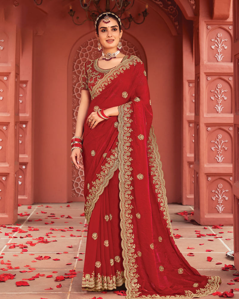 Vishal Prints Chili Red Designer Fancy Chiffon Saree With Zari-Embroidery Work And Cut Work Border