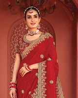 Vishal Prints Chili Red Designer Fancy Chiffon Saree With Zari-Embroidery Work And Cut Work Border