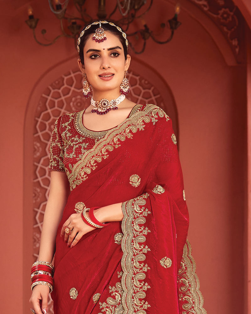 Vishal Prints Chili Red Designer Fancy Chiffon Saree With Zari-Embroidery Work And Cut Work Border