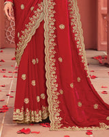 Vishal Prints Chili Red Designer Fancy Chiffon Saree With Zari-Embroidery Work And Cut Work Border