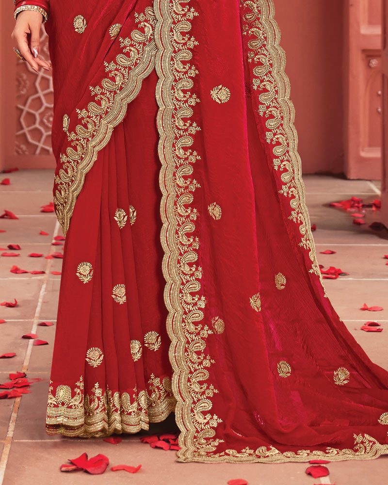 Vishal Prints Chili Red Designer Fancy Chiffon Saree With Zari-Embroidery Work And Cut Work Border