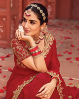 Vishal Prints Chili Red Designer Fancy Chiffon Saree With Zari-Embroidery Work And Cut Work Border