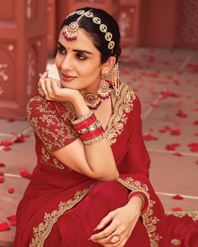 Vishal Prints Chili Red Designer Fancy Chiffon Saree With Zari-Embroidery Work And Cut Work Border