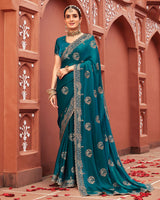 Vishal Prints Peacock Blue Designer Fancy Chiffon Saree With Zari-Embroidery Work And Cut Work Border