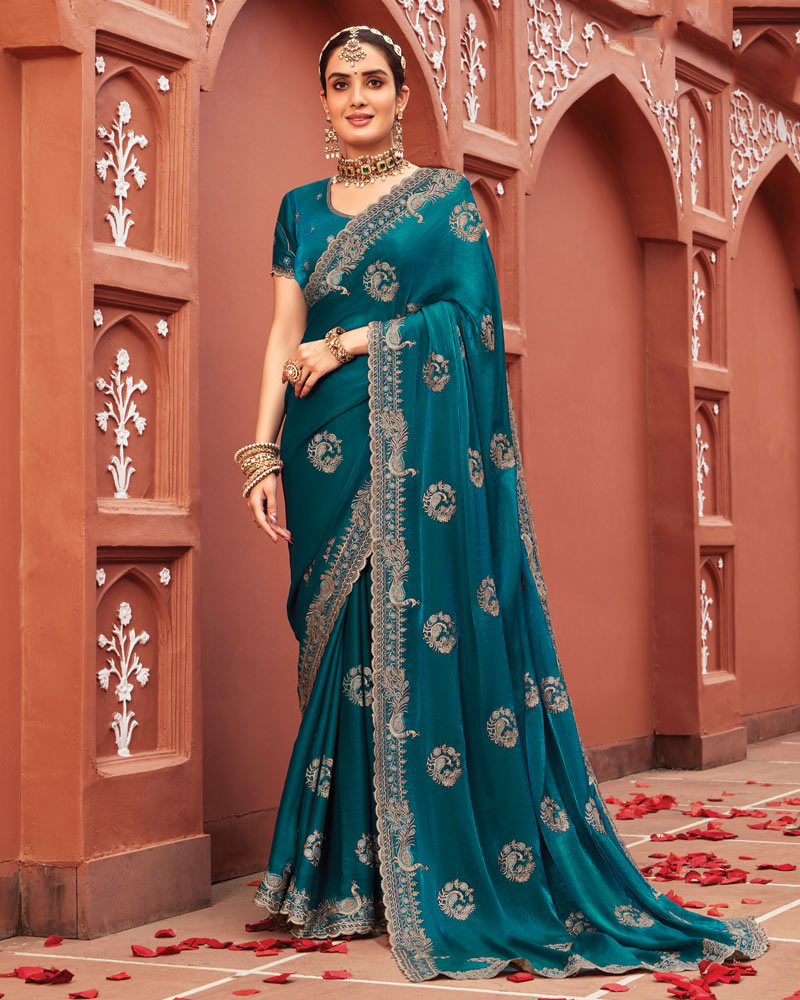 Vishal Prints Peacock Blue Designer Fancy Chiffon Saree With Zari-Embroidery Work And Cut Work Border