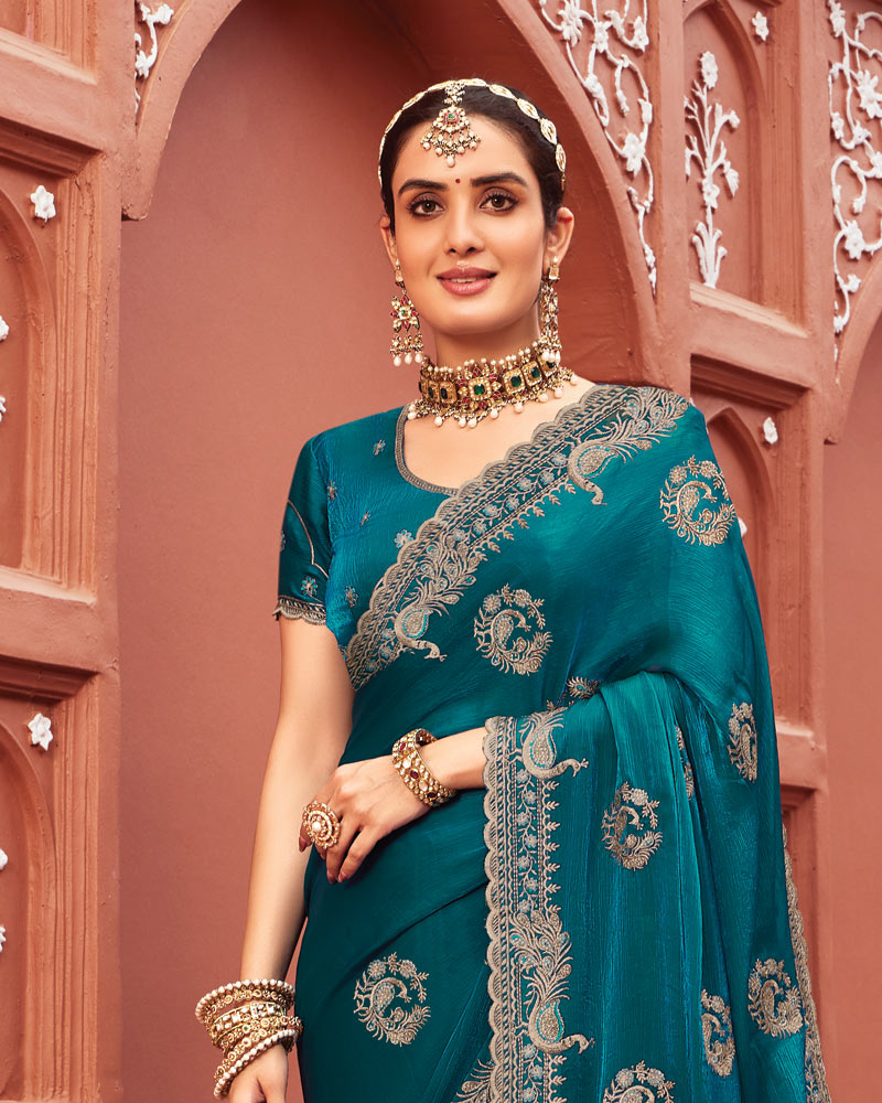 Vishal Prints Peacock Blue Designer Fancy Chiffon Saree With Zari-Embroidery Work And Cut Work Border