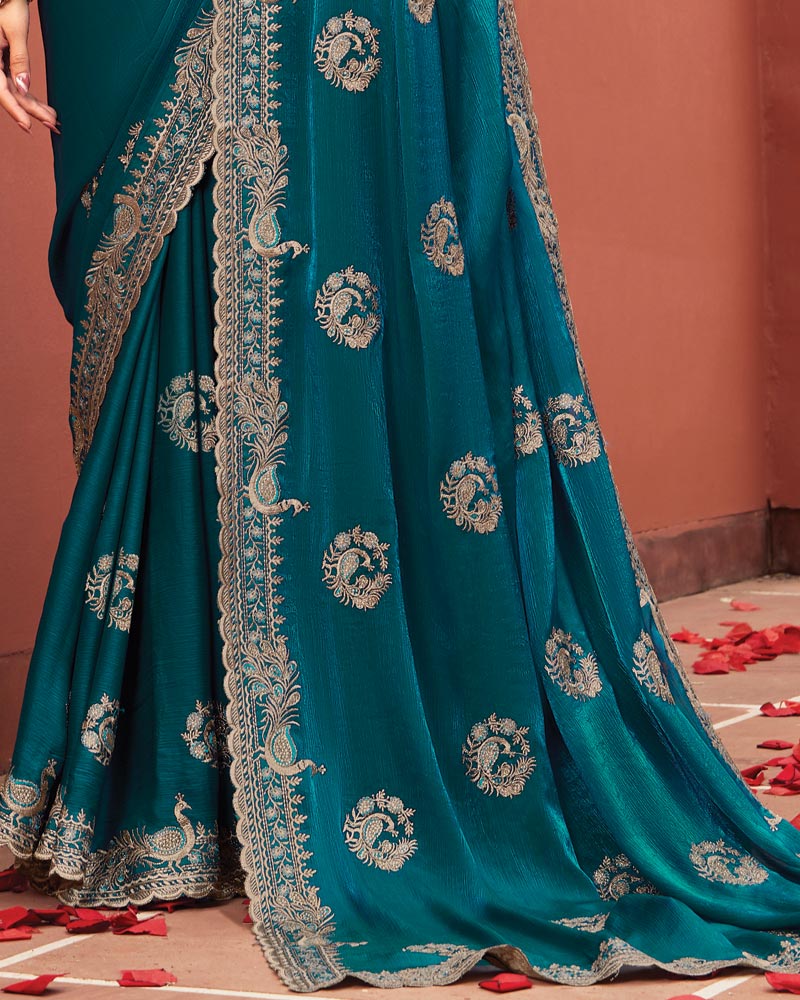 Vishal Prints Peacock Blue Designer Fancy Chiffon Saree With Zari-Embroidery Work And Cut Work Border