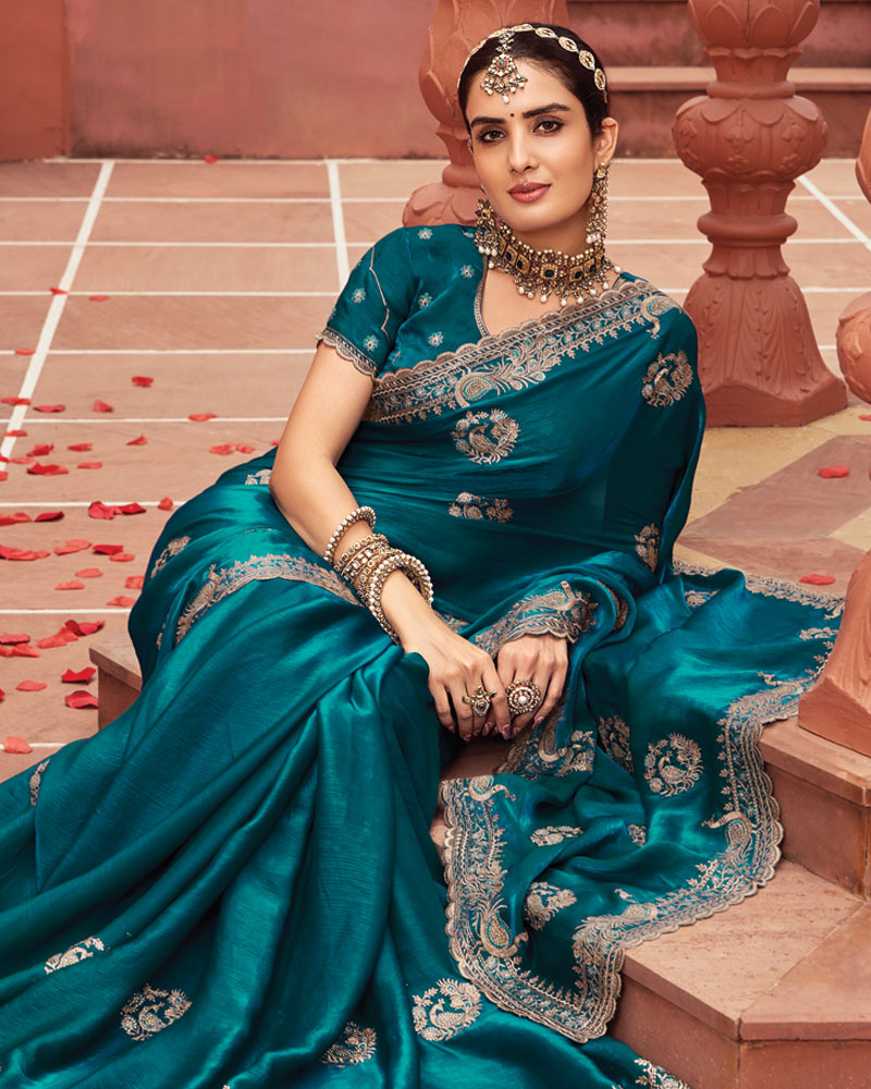 Vishal Prints Peacock Blue Designer Fancy Chiffon Saree With Zari-Embroidery Work And Cut Work Border