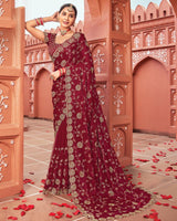 Vishal Prints Vivid Maroon Designer Fancy Chiffon Saree With Zari-Embroidery Work And Cut Work Border