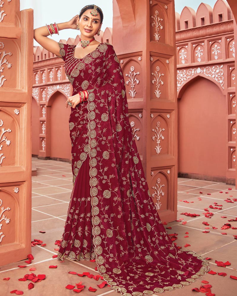 Vishal Prints Vivid Maroon Designer Fancy Chiffon Saree With Zari-Embroidery Work And Cut Work Border