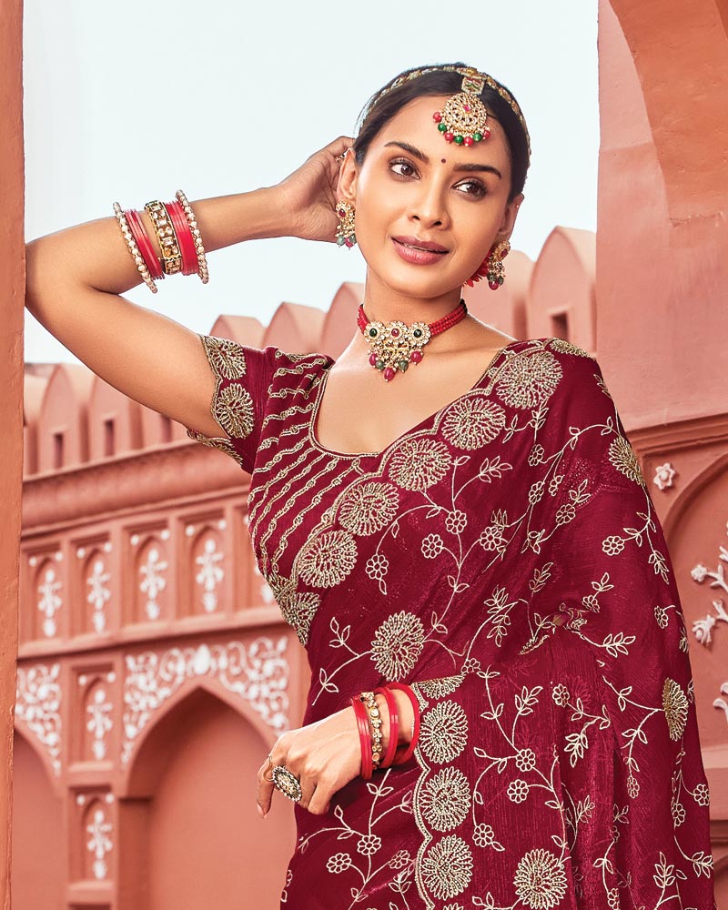 Vishal Prints Vivid Maroon Designer Fancy Chiffon Saree With Zari-Embroidery Work And Cut Work Border