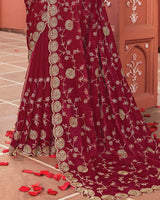 Vishal Prints Vivid Maroon Designer Fancy Chiffon Saree With Zari-Embroidery Work And Cut Work Border