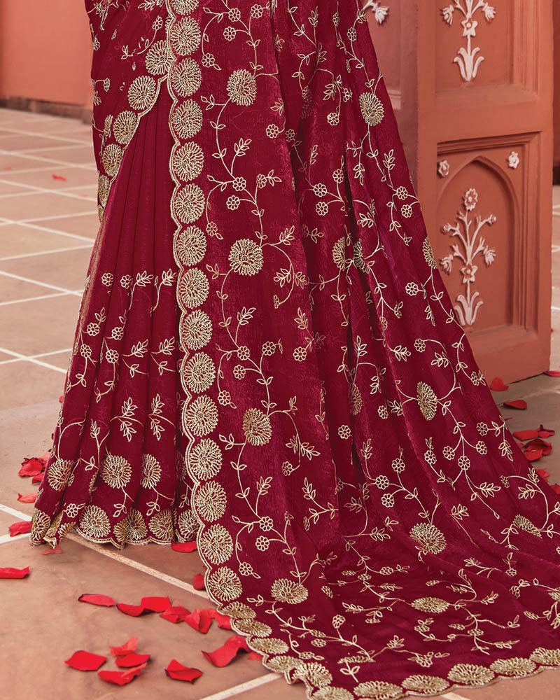 Vishal Prints Vivid Maroon Designer Fancy Chiffon Saree With Zari-Embroidery Work And Cut Work Border