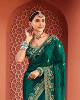 Vishal Prints Bottle Green Designer Fancy Chiffon Saree With Zari-Embroidery Work And Cut Work Border