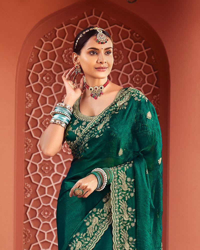 Vishal Prints Bottle Green Designer Fancy Chiffon Saree With Zari-Embroidery Work And Cut Work Border