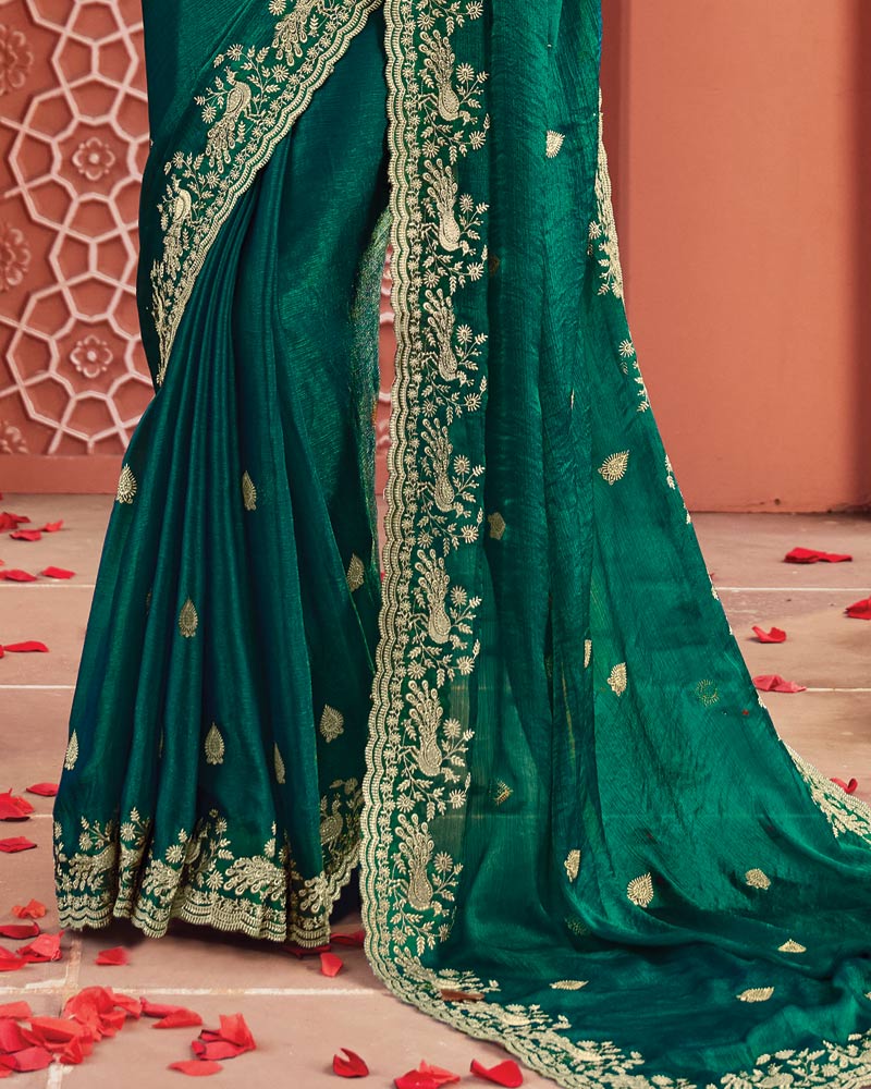 Vishal Prints Bottle Green Designer Fancy Chiffon Saree With Zari-Embroidery Work And Cut Work Border