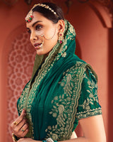 Vishal Prints Bottle Green Designer Fancy Chiffon Saree With Zari-Embroidery Work And Cut Work Border