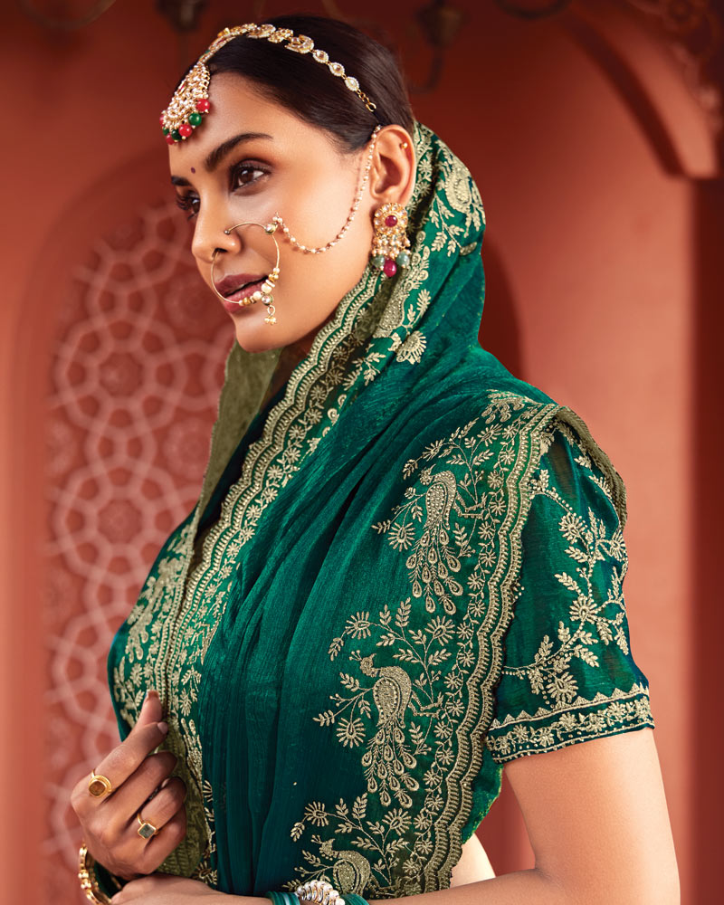 Vishal Prints Bottle Green Designer Fancy Chiffon Saree With Zari-Embroidery Work And Cut Work Border