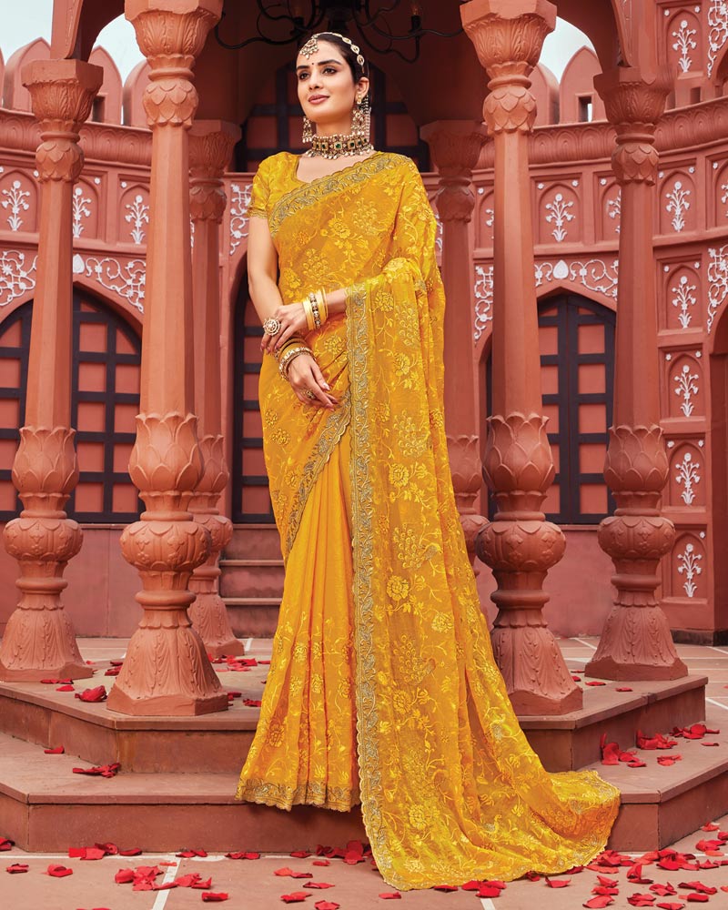 Vishal Prints Mustard Yellow Designer Fancy Chiffon Saree With Zari-Embroidery Work And Cut Work Border