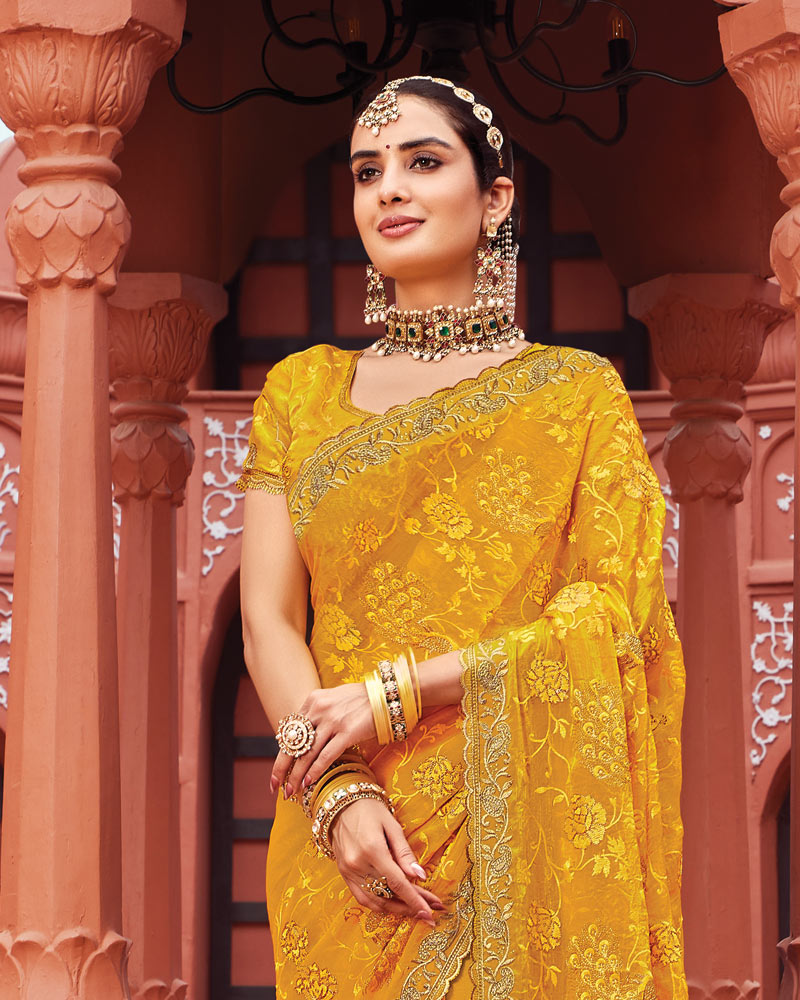 Vishal Prints Mustard Yellow Designer Fancy Chiffon Saree With Zari-Embroidery Work And Cut Work Border