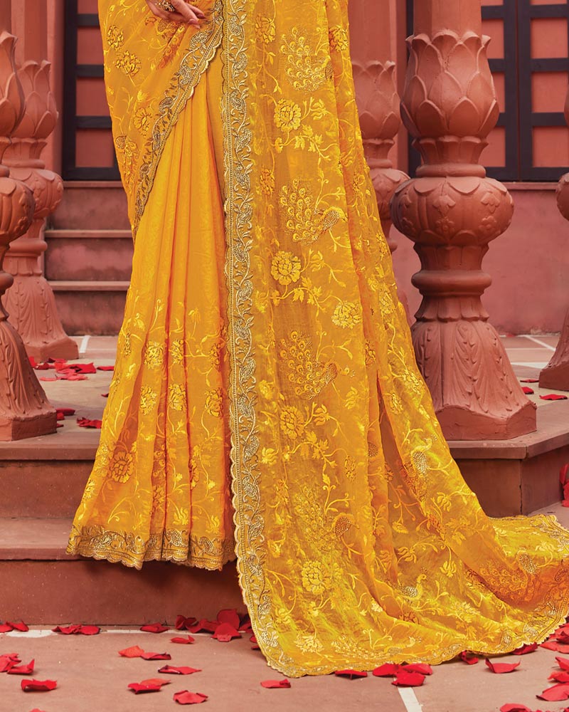 Vishal Prints Mustard Yellow Designer Fancy Chiffon Saree With Zari-Embroidery Work And Cut Work Border
