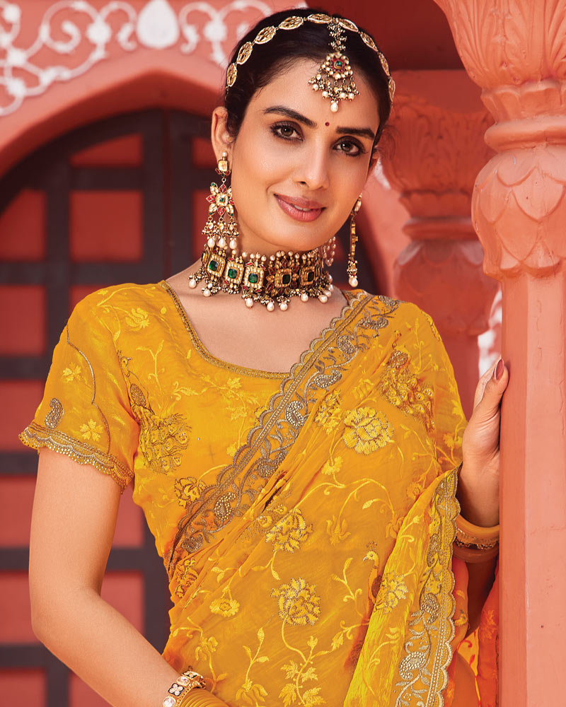 Vishal Prints Mustard Yellow Designer Fancy Chiffon Saree With Zari-Embroidery Work And Cut Work Border