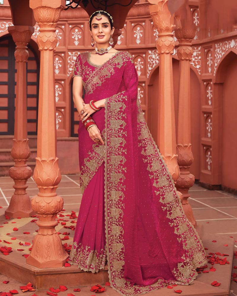 Vishal Prints Pinkish Red Designer Fancy Chiffon Saree With Zari-Embroidery Work And Cut Work Border