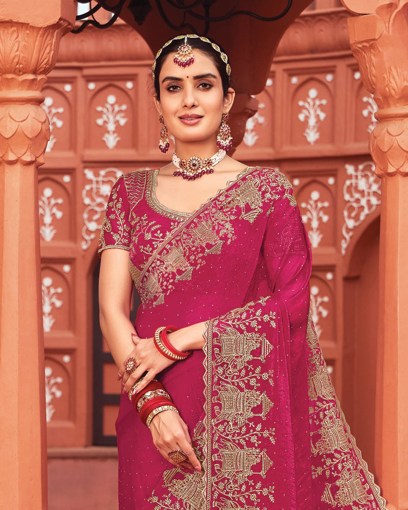 Vishal Prints Pinkish Red Designer Fancy Chiffon Saree With Zari-Embroidery Work And Cut Work Border