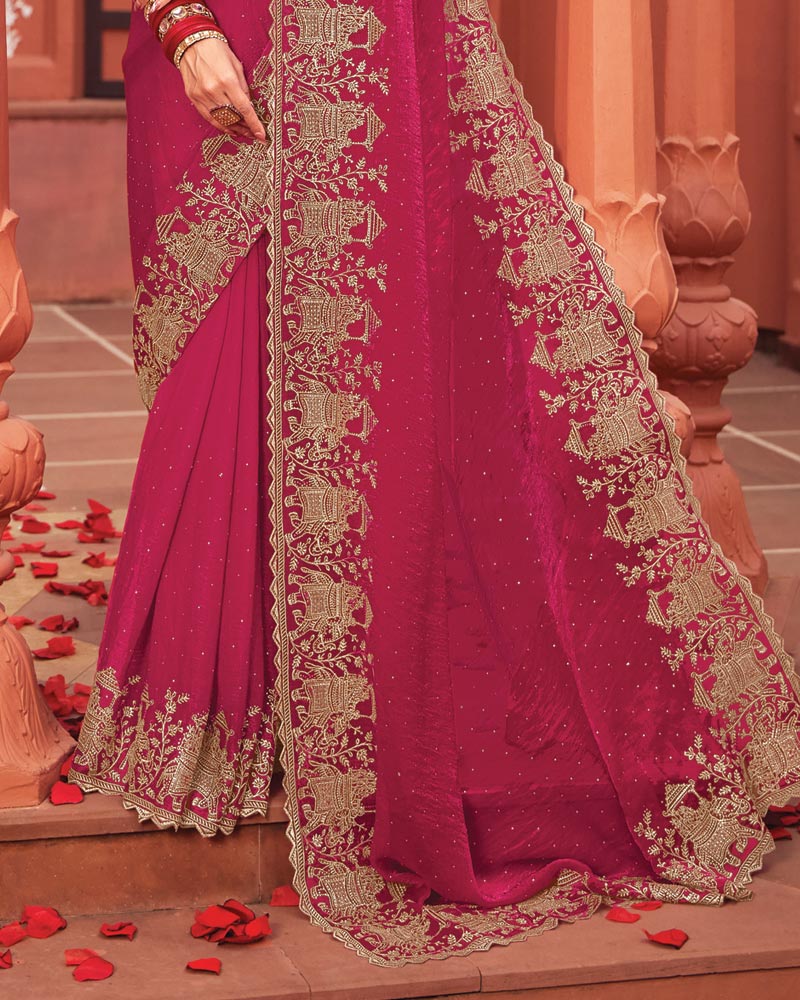 Vishal Prints Pinkish Red Designer Fancy Chiffon Saree With Zari-Embroidery Work And Cut Work Border