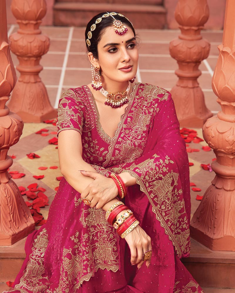 Vishal Prints Pinkish Red Designer Fancy Chiffon Saree With Zari-Embroidery Work And Cut Work Border