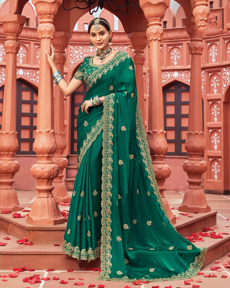 Vishal Prints Tropical Green Designer Fancy Chiffon Saree With Zari-Embroidery Work And Cut Work Border
