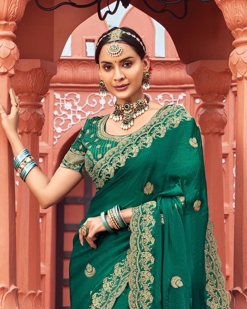 Vishal Prints Tropical Green Designer Fancy Chiffon Saree With Zari-Embroidery Work And Cut Work Border