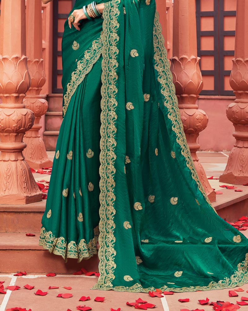 Vishal Prints Tropical Green Designer Fancy Chiffon Saree With Zari-Embroidery Work And Cut Work Border