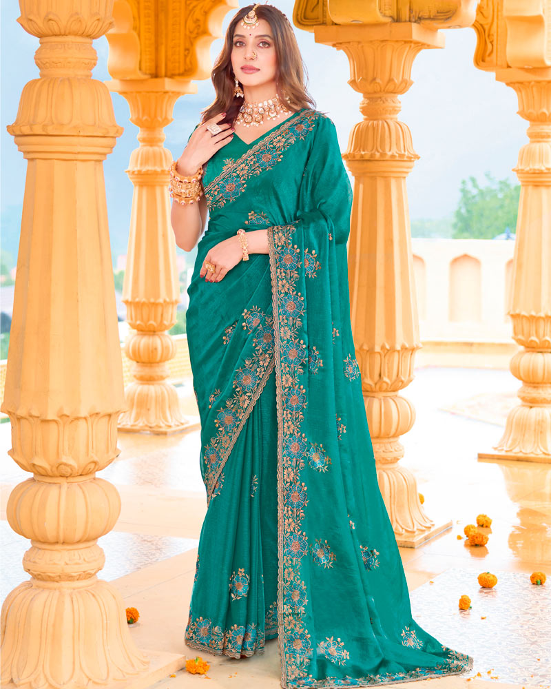 Pine Green Designer Fancy Chiffon Saree With Zari Embroidery-Diamond Work And Cut Work Border