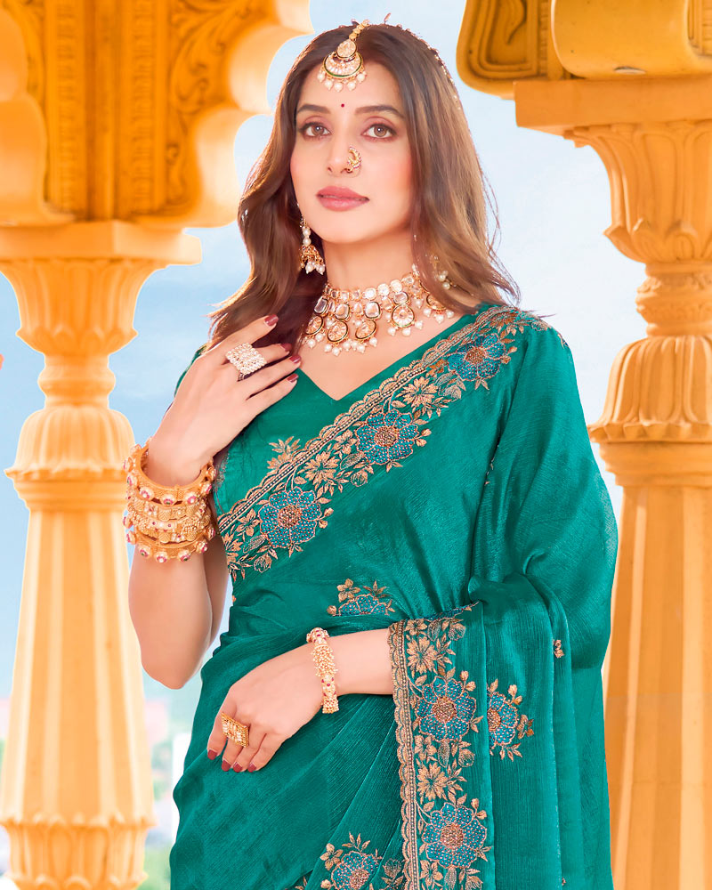 Pine Green Designer Fancy Chiffon Saree With Zari Embroidery-Diamond Work And Cut Work Border