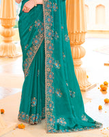 Pine Green Designer Fancy Chiffon Saree With Zari Embroidery-Diamond Work And Cut Work Border