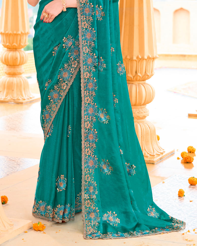 Pine Green Designer Fancy Chiffon Saree With Zari Embroidery-Diamond Work And Cut Work Border