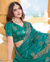 Pine Green Designer Fancy Chiffon Saree With Zari Embroidery-Diamond Work And Cut Work Border