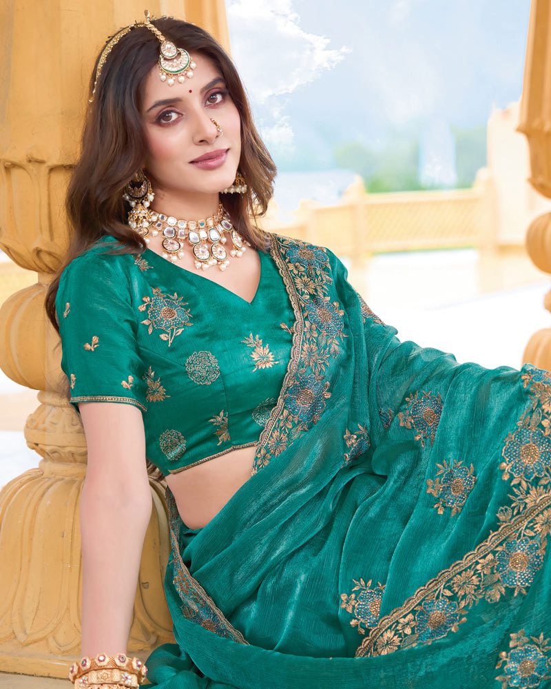 Pine Green Designer Fancy Chiffon Saree With Zari Embroidery-Diamond Work And Cut Work Border