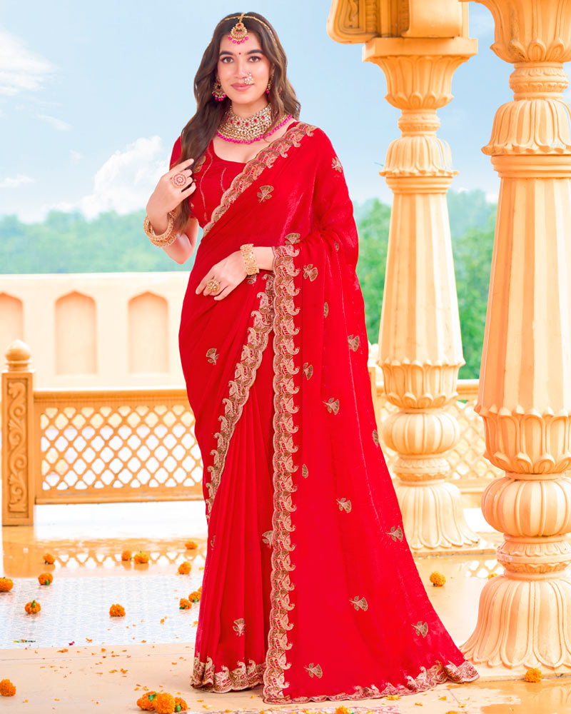Bright Red Designer Fancy Chiffon Saree With Zari Embroidery-Diamond Work And Cut Work Border